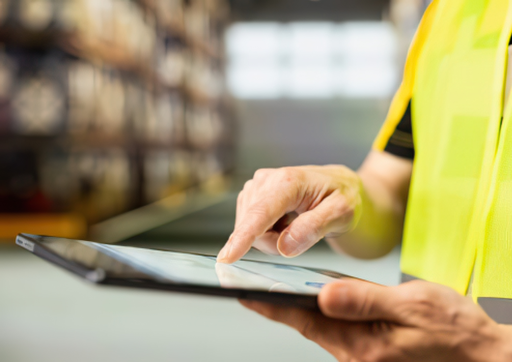 Profesional consultando una tablet en un almacén